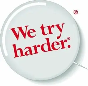 a white button with red text