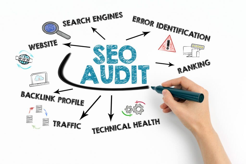 Diagram of a website audit showing key elements like search engines, ranking, error identification, backlink profile, traffic, and technical health