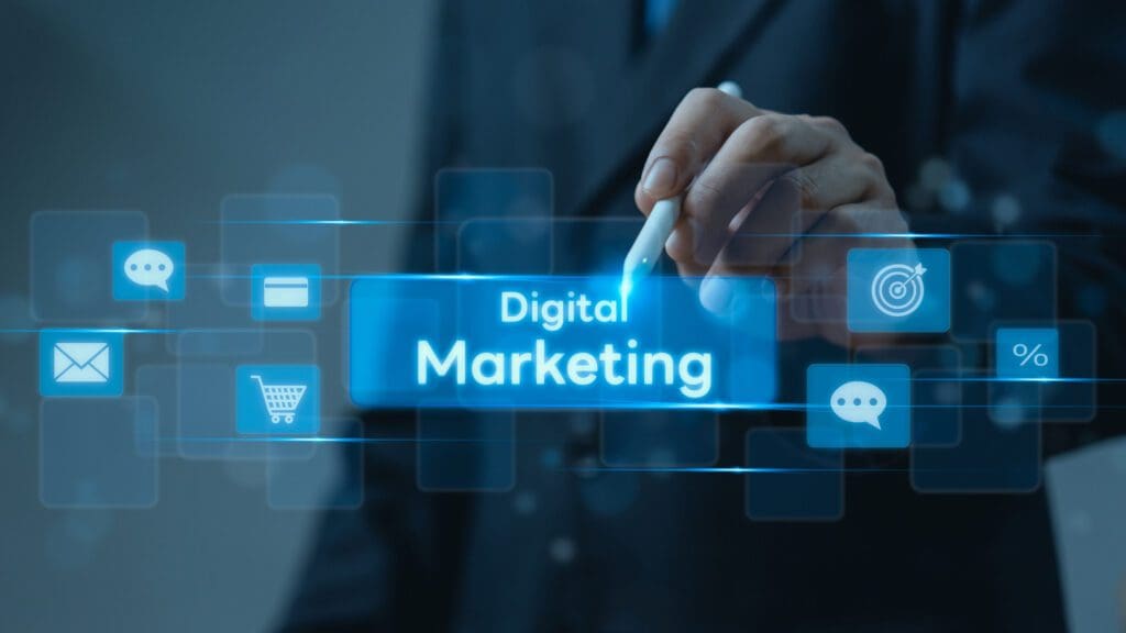 Hand pointing at a digital marketing icon with overlay icons representing digital marketing strategies like email, e-commerce, and social media