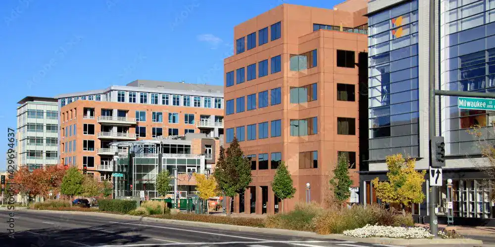 Cherry Creek shopping district, Denver, Colorado with clear blue skies