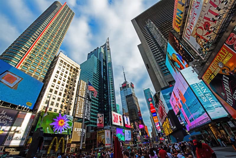 Times Square New York City. Wide angle view of Times Square in New York City. Colors abound from the neon lights and advertising signs.