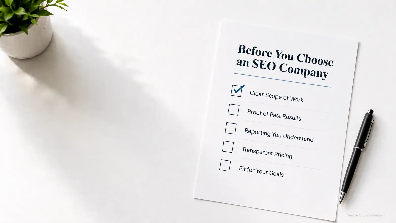 Checklist for how to choose an SEO company before hiring, with items for scope, results, reporting, pricing, and goal fit.